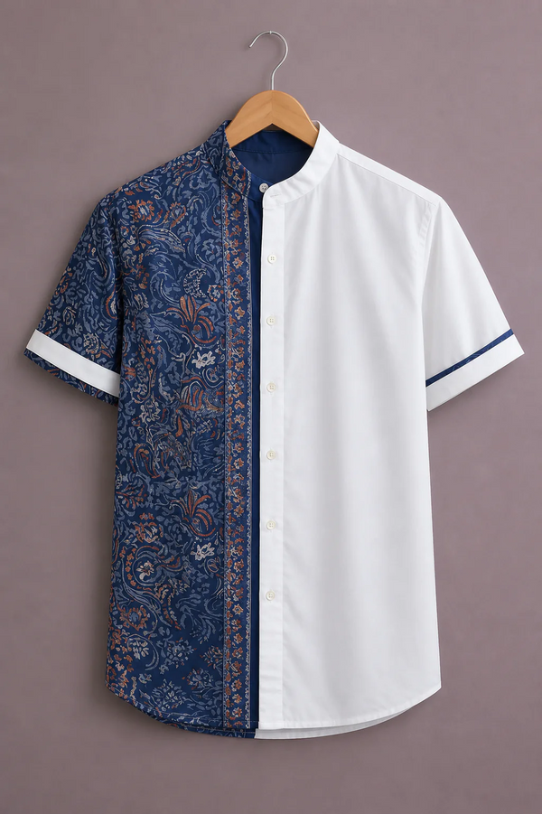 Menex™ Men's Premium Paisley Print Color Block Mandarin Collar Half Sleeve Casual Shirt – Navy Blue & White