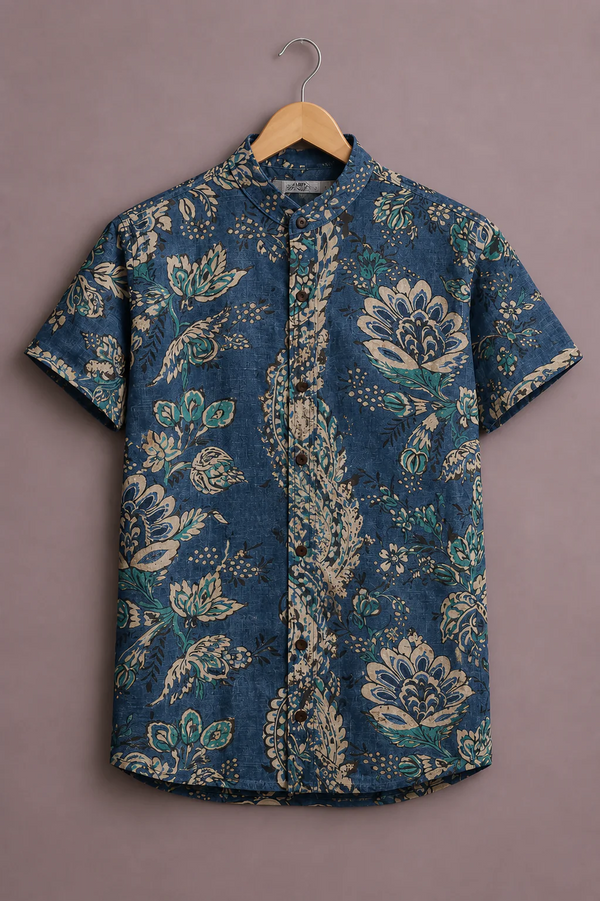 Menex™ Men's Premium Vintage Floral Print Mandarin Collar Half Sleeve Casual Shirt – Navy Blue