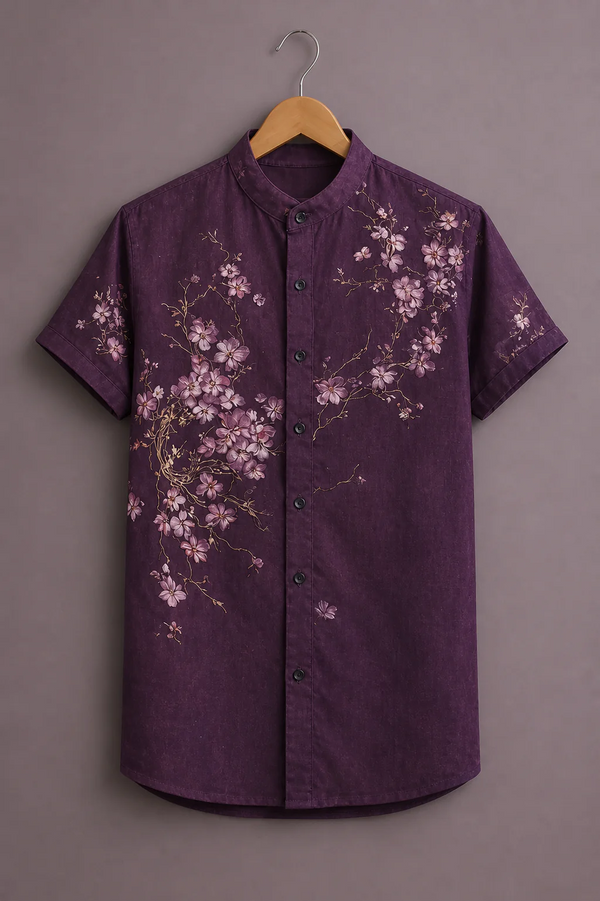 Menex™ Men's Premium Cherry Blossom Print Mandarin Collar Half Sleeve Casual Shirt – Royal Purple