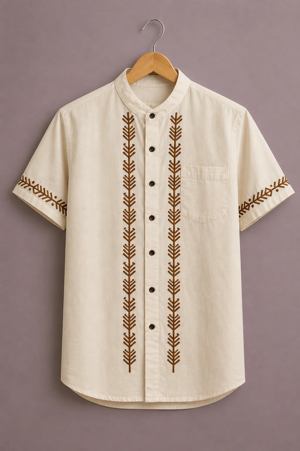 Menex™ Men's Premium Minimal Tribal Embroidered Mandarin Collar Half Sleeve Casual Shirt – Ivory White