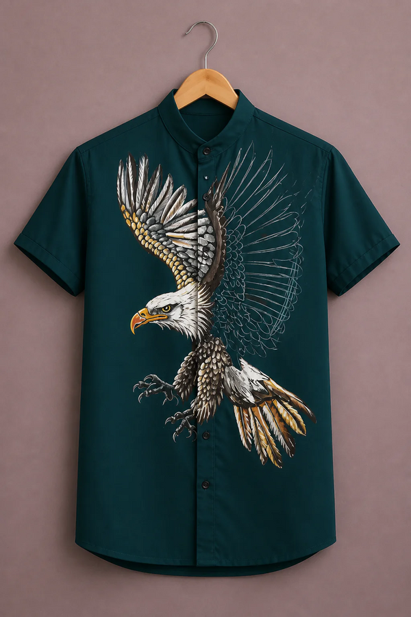 Menex™ Men's Premium Eagle Graphic Print Mandarin Collar Half Sleeve Casual Shirt – Deep Teal