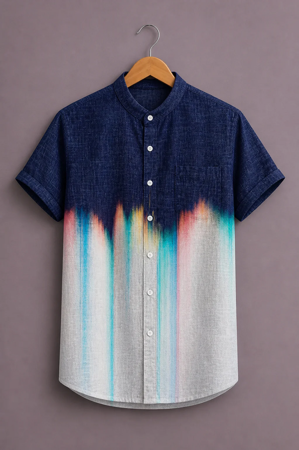 Menex™ Men's Premium Abstract Gradient Print Mandarin Collar Half Sleeve Casual Shirt – Navy Blue & White