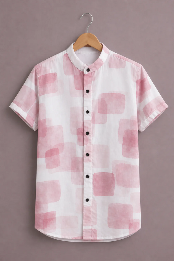 Menex™ Men's Premium Pastel Geometric Print Mandarin Collar Half Sleeve Casual Shirt – White & Blush Pink