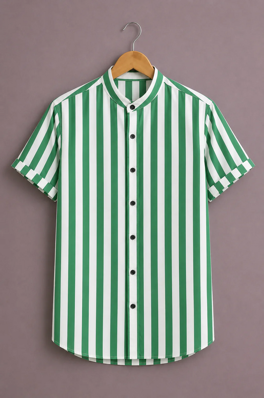 Menex™ Men's Premium Vertical Stripe Mandarin Collar Half Sleeve Casual Shirt – Green & White