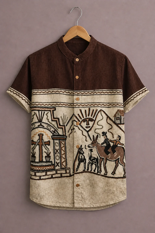 Menex™ Men's Premium Tribal Art Print Mandarin Collar Half Sleeve Casual Shirt – Brown & Beige