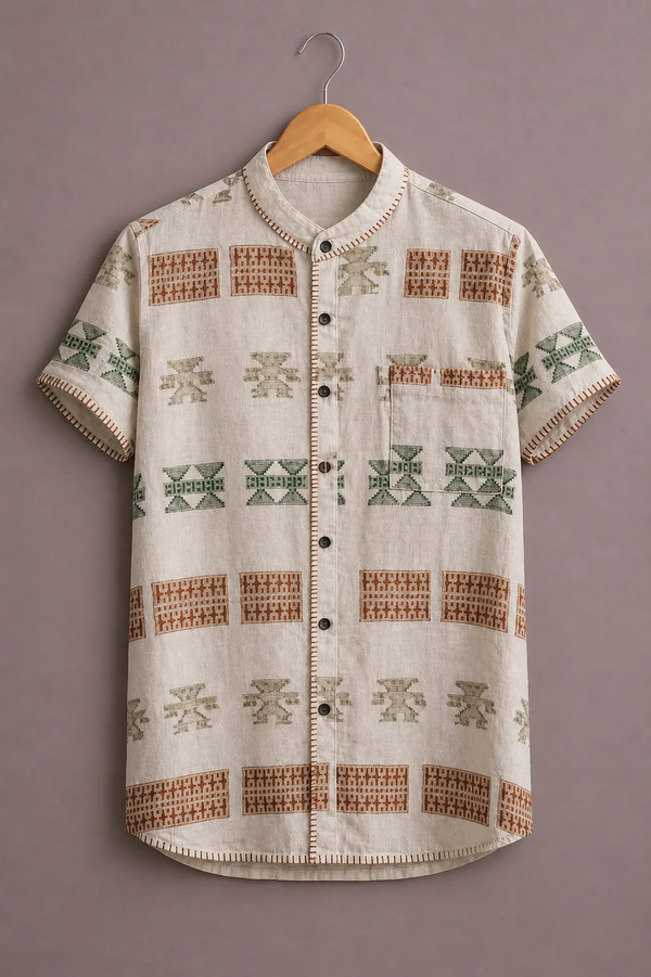 Menex™ Men's Premium Tribal Geometric Print Mandarin Collar Half Sleeve Casual Shirt – Off White