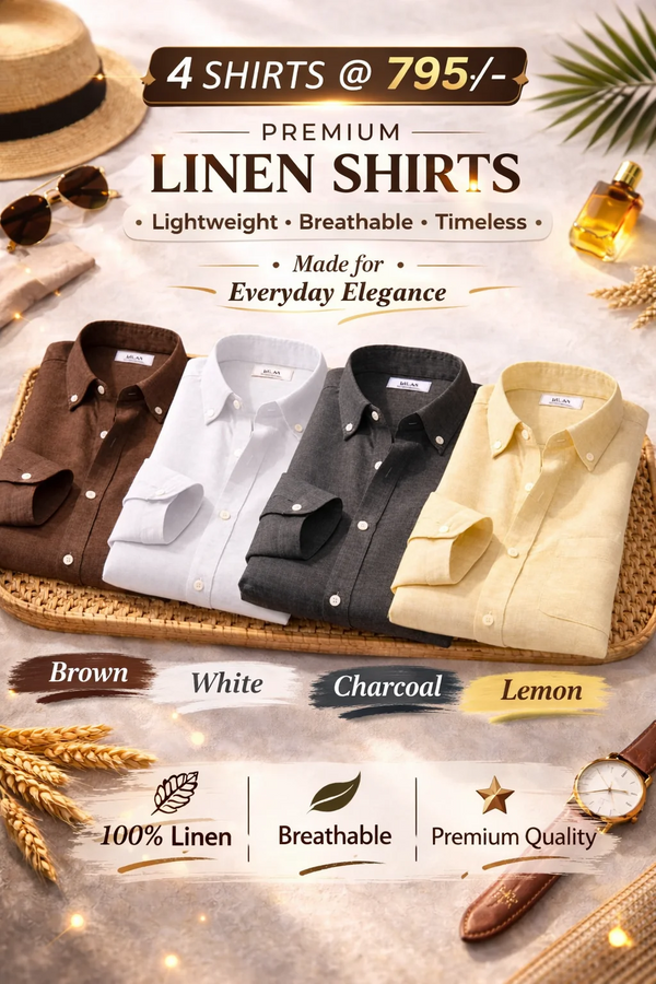 Premium Linen Shirts – Combo of 4 Men's Linen Shirts (Beige, Lemon, Peach & White) | Breathable Casual & Formal Wear