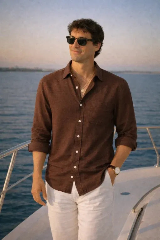 Premium Coffee Brown Linen Shirt for Men | Breathable Full Sleeve Casual & Formal Shirt