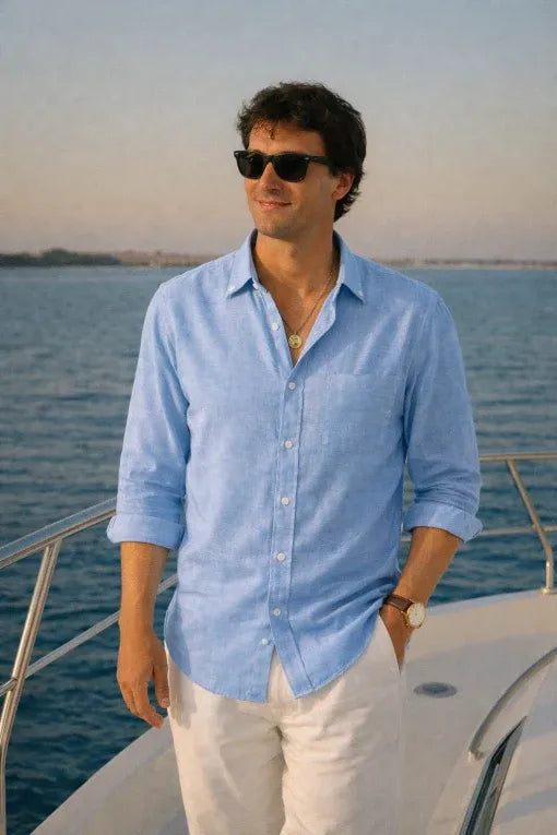 Premium Sky Blue Linen Shirt for Men | Breathable Full Sleeve Casual & Formal Shirt