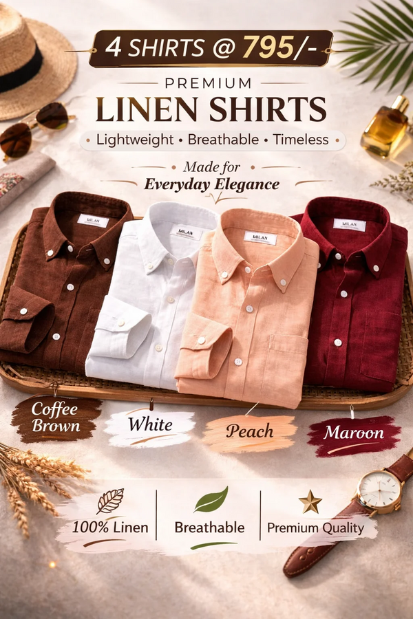 Premium Linen Shirts – Combo of 4 Men's Linen Shirts (Coffee Brown, White, Peach & Maroon) | Breathable Casual & Formal Wear