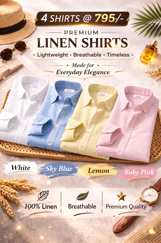 Premium Linen Shirts – Combo of 4 Men's Linen Shirts (White, Sky Blue, Lemon & Baby Pink) | Breathable Casual & Formal Wear