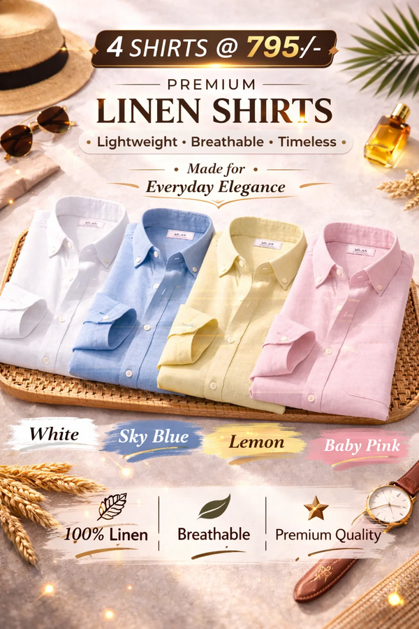 Premium Linen Shirts – Combo of 4 Men's Linen Shirts (White, Sky Blue, Lemon & Baby Pink) | Breathable Casual & Formal Wear