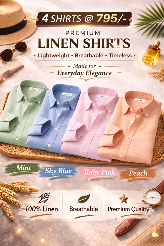 Premium Linen Shirts – Combo of 4 Men's Linen Shirts (Mint, Sky Blue, Baby Pink & Peach) | Breathable Casual & Formal Wear