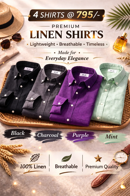 Premium Linen Shirts – Combo of 4 Men's Linen Shirts (Black, Charcoal, Purple & Mint) | Breathable Casual & Formal Wear