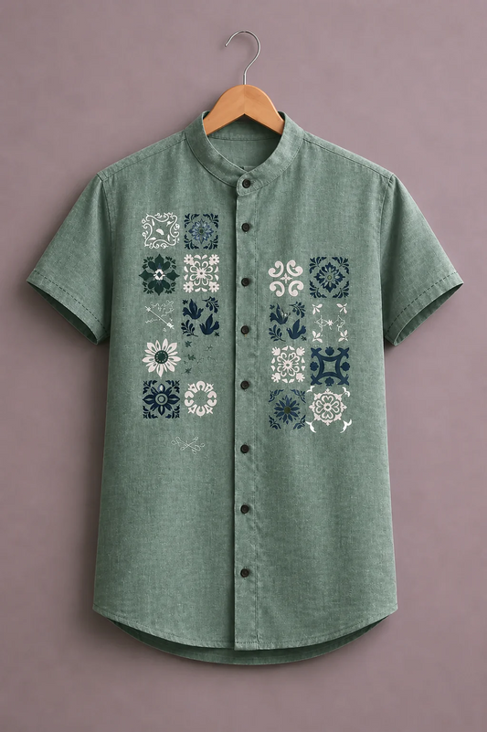 Menex™ Men's Premium Floral Tile Print Mandarin Collar Half Sleeve Casual Shirt – Sage Green
